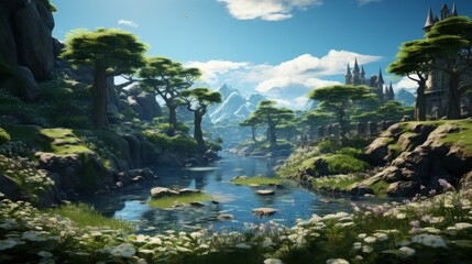 Picturesque River Valley with Distant Castle and Mountains