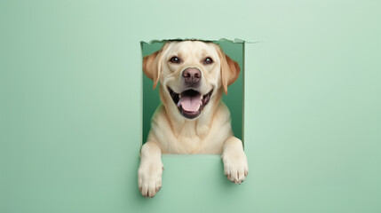 A happy Labrador retriever pokes its head and paws through a torn paper wall on a mint green background, smiling and showing teeth.