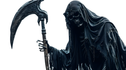 Halloween Grim Reaper, Spooky and Mysterious Figure with Scythe, Iconic Symbol of Haunting Holiday Traditions, png file, isolated on white