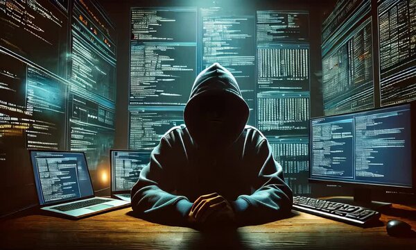 Hacker in a hoodie is seated at a desk with multiple computer screens displaying lines of code. The dark room is illuminated by the glow of the monitors, creating a suspenseful, cyberpunk atmosphere