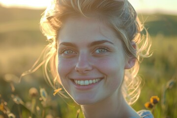 Young smiling woman outdoors portrait. Soft sunny colors.Close portrait.