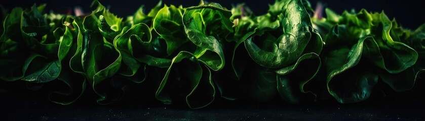 Fototapeta premium Close-up of fresh green lettuce leaves with dark background, showcasing natural texture and vibrant color, perfect for healthy eating concepts.