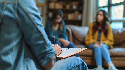 A therapist takes notes during a family therapy session, with two people seated on a couch in the background