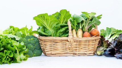 A basket filled with fresh, colorful vegetables like lettuce, broccoli, carrots, and radishes, set against a white background.