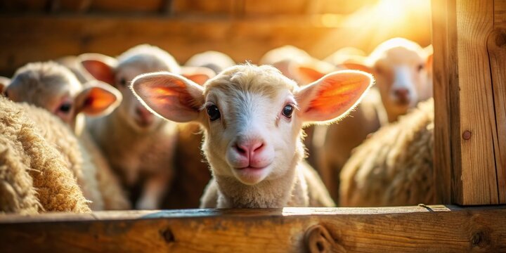 Adorable little lamb peeks out from amidst a flock of sheep in a cozy stable, illuminated by warm sunlight, showcasing its curious nature.
