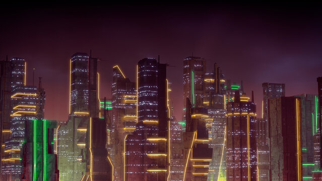 Sci-fi Cityscape with Orange and Green Neon lights. Night scene with Futuristic Architecture.