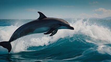 A group of dolphins performing elegant stunts in the warm embrace of the ocean