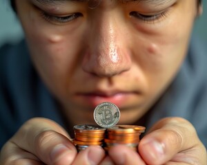 Personal Bankruptcy A person holding their last coin, with a distressed expression Use a plain background and provide space for text