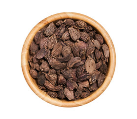 top view flat lay pile of Amomum subulatum or black cardamom isolated on white background in wood bowl