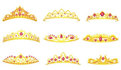 Set of queen golden crowns icons. Collection of gold princess tiaras cartoon illustration © the8monkey
