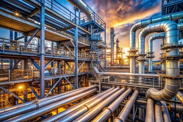 Industrial pipelines converge on a pipe rack, showcasing intricate welds and joints, amidst a bustling petroleum refinery's complex network of steel infrastructure and machinery.