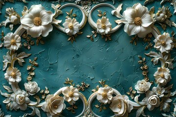 Elegant Floral Frame Design with White Flowers and Ornate Details on Teal Background for Home Decor and Invitations