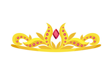Queen golden crown icon. Gold princess tiara cartoon illustration