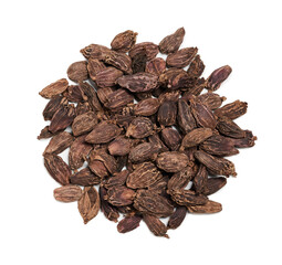top view flat lay pile of Amomum subulatum or black cardamom isolated on white background