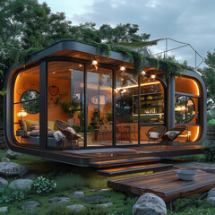 Obraz premium a modern modular home constructed from shipping containers, mobile, house, captivating, Shipping Container Tiny Home, steel containers, supreme quality, superior lighting