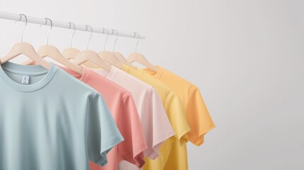 Obraz premium Pastel T-Shirt Collection: A row of pastel-colored t-shirts hanging on wooden hangers against a minimalist white backdrop, showcasing a range of soft, muted hues for a stylish