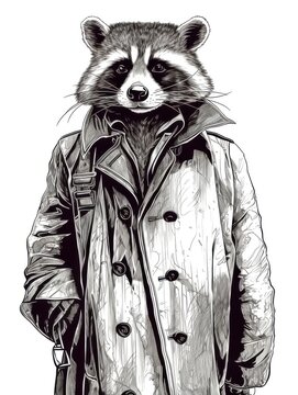 recommend clip art: Black and white Vintage engraved art of a raccoon in a detective's trench coat, isolated on white background, ink sketch illustration, simple vector art design, highly detailed line art