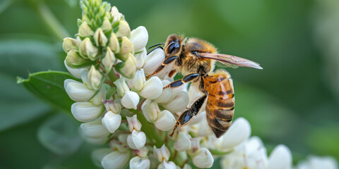 Honeybee Gathering Pollen on White Flower