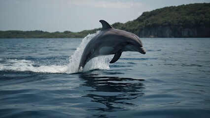 Fototapeta premium A dolphin jumping above the water with delight and joy