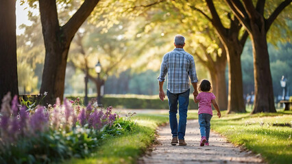 Obraz premium Grandparent and grandchild walking hand in hand in a beautiful park, enjoying a peaceful moment.