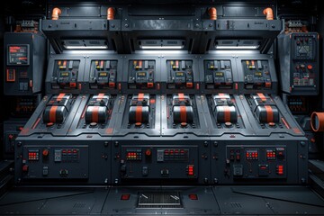 A surreal futuristic power station's control panel interior