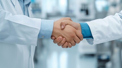 Collaborative Healthcare: A close-up shot of two healthcare professionals shaking hands, symbolizing partnership, trust, and a shared commitment to patient well-being.  