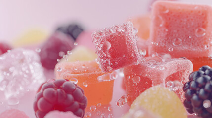 Close-Up of Jelly Cubes and Berries in Water