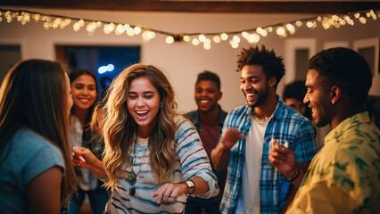 Group of young friends dancing and having fun at a lively house party with festive lights.