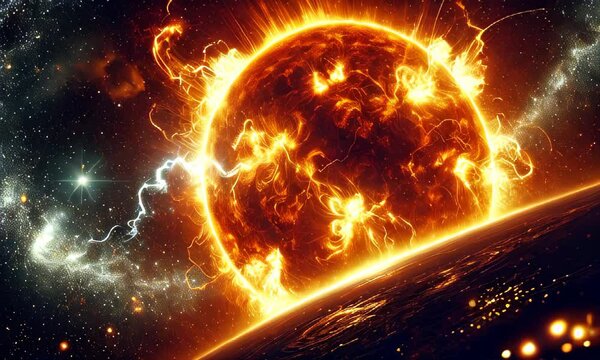 the sun massive explosion with fiery flares and intense brightness. The image captures the raw power and energy of a solar event, with the sun dominating the dark space background