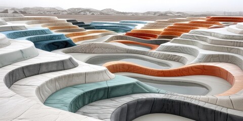Obraz premium White sculpture with wavy terraces, colorful seating and pools of water