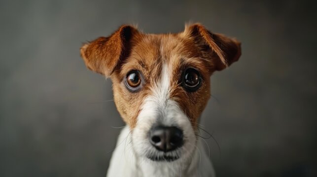 The face of a small dog with long eyes, looking up. The breed is a terrier with a brown and white coat.