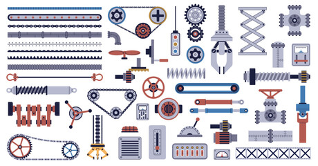 Machinery parts. Mechanisms and industrial elements, technical details, engine elements, robotic gears, buttons, levers, industrial collection, cartoon flat isolated nowaday vector set