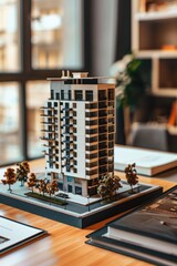 A small architectural model of a multi-story building, possibly for real estate purposes. It shows floor plans and the overall structure in miniature form.