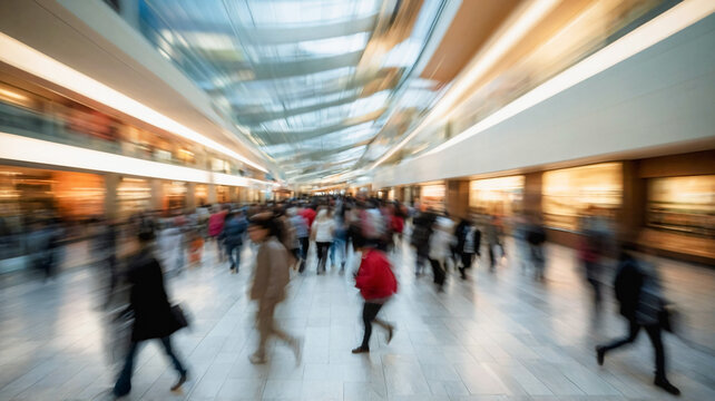 Blurred crowd of people walking at shopping mall, motion blur effect. People in hurry soing shopping, busy urban lifestyle