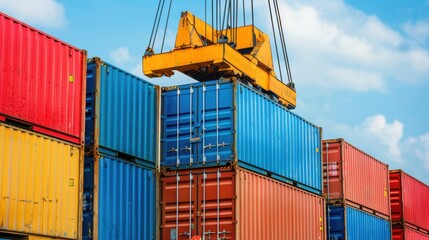 Fototapeta premium Logistics in Motion, A crane seamlessly loading a container onto a truck, showcasing the intricate process of transportation and logistics, ample space for text and details.