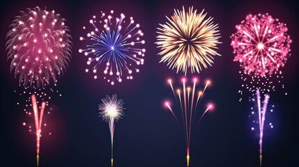A collage of fireworks at night, in various colors and sizes, representing a celebratory or festive atmosphere.