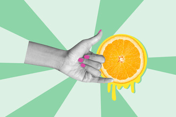 Composite photo collage of hand show shaka gesture tropical drink orange juice exotic refreshment isolated on painted background © deagreez