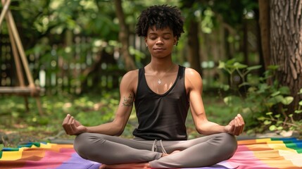 An LGBTQ+ person practices yoga outdoors, embracing peace, self-acceptance, and nature's beauty.