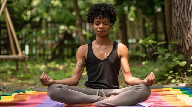 An LGBTQ+ person practices yoga outdoors, embracing peace, self-acceptance, and nature's beauty.