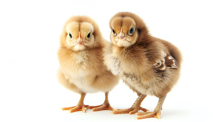 Obraz premium Two cute fluffy baby chickens on white background