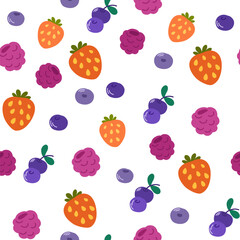 Berry pattern, print. Seamless background, texture with strawberries, raspberries, blueberries, currants and bilberries. Summer sweet healthy food, endless repeating design. Flat vector illustration