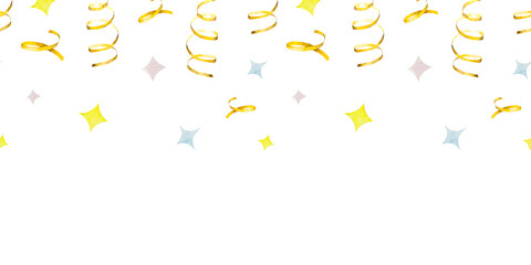 Garland of confetti ribbons and stars, horizontal banner for a birthday or other holiday. Watercolor illustration, hand drawing