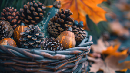 Fototapeta premium Pine Cones and Gourds in a Basket