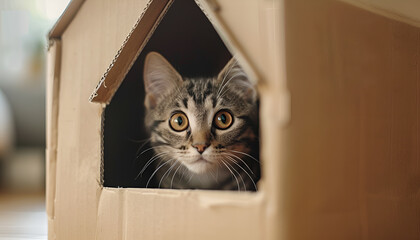 Cute gray tabby cat inside cardboard house in room. Lovely pet