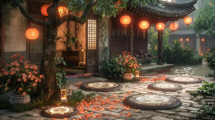 A beautifully lit traditional Asian courtyard featuring hanging lanterns, blooming flowers, and intricate stepping stones. The serene and charming ambiance is perfect for a tranquil evening.