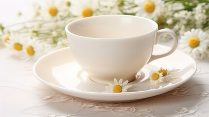 Fototapeta premium Delicate white daisy flower latte served on cream saucer, elegant coffee presentation