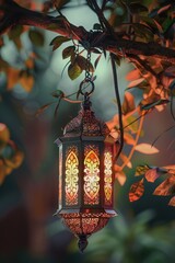 Decorative lantern hanging in an outdoor garden setting, providing a warm glow against the darkness.