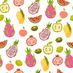 Seamless fruity pattern. Tropical background with summer fruits and berries repeating print. Printable endless texture design with exotic healthy vitamin food. Colored flat graphic vector illustration