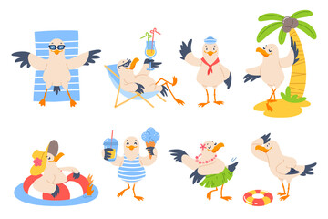Cute seagull character. Cartoon travel agency mascot, marine bird, summer beach holidays, different actions, poses and emotions, palm tree and swimming in sea, vector isolated set