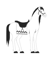 Saddled purebred horse 2D cartoon character. Equine animal ready for riding training isolated flat vector animal white background. Hippotherapy session at country ranch color spot illustration
